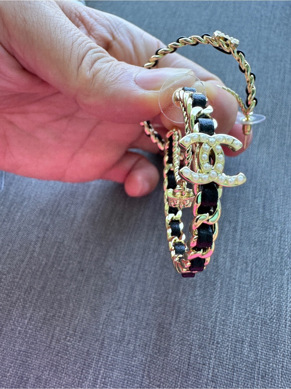 Luxury Gold and Black Chain-Link Hoop Earrings with CC Charms